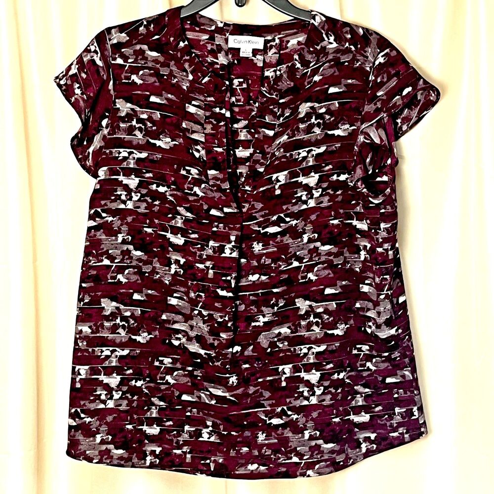 Calvin Klein Women’s Large Pleated Blouse Burgundy Abstract Print Stretch